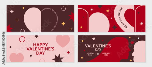 Minimalistic set of banners for Valentine's Day. Hearts on a burgundy background. Happy Valentine's Day. Stylish banner for Valentine's Day.