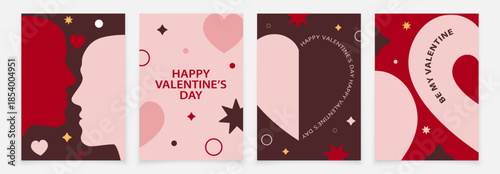 Minimalistic set of  cards for Valentine's Day. Hearts on a burgundy background. Happy Valentine's Day. Stylish card for Valentine's Day.