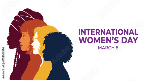 International Women's Day tribute, diverse female unity, multicultural feminism, gender equality celebration, March 8 awareness poster design - flat vector illustration
