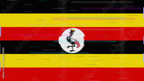 Uganda glitch flag vector, RGB split distortion, digital abstract video frame illustration