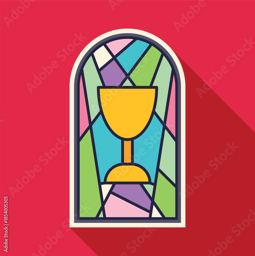 Chalice icon displayed within colorful stained glass window, representing religious belief