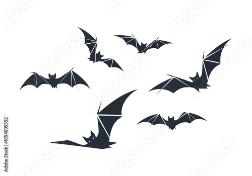 A graphic illustration featuring multiple silhouettes of bats in mid-flight against a plain white background ideal for Halloween themed designs and
