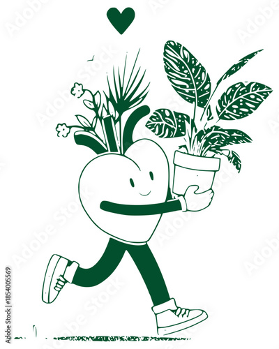 Cute heart character holding plant illustration