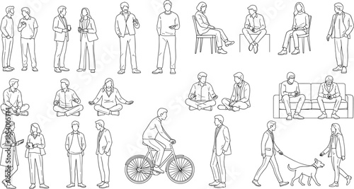 Collection of hand drawn people sketches in various poses, men and women standing sitting and walking, lifestyle vector isolated on white background