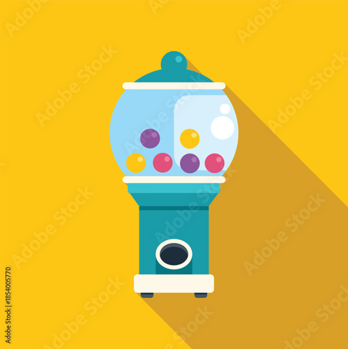 Gumball machine with colorful chewing gum candies on a yellow background