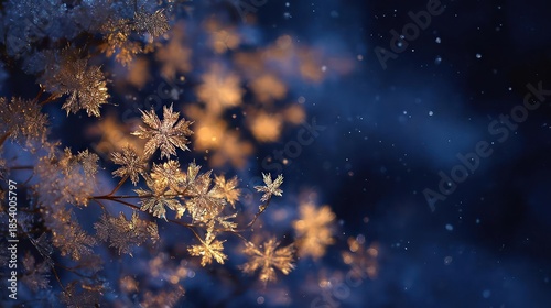 Close up of delicate golden star shaped flowers or snowflakes softly illuminated against a dark blue bokeh background