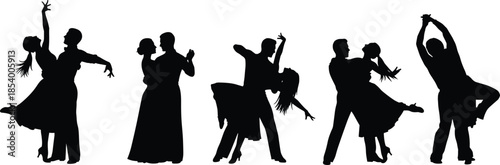 Black silhouettes of elegant couples dancing ballroom and latin styles, romantic partners performing graceful dance poses isolated on white background for graphic design.