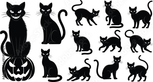 Set of black cat silhouettes in various poses, Halloween kitten collection with spooky pumpkin, feline animal shapes isolated on white background, vector