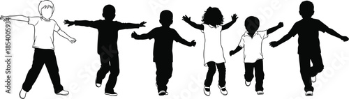 Black silhouettes of happy children and kids running with open arms, childhood joy vector illustration of little boys and girls on white background, SEO.