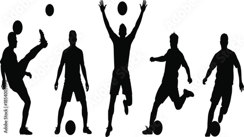 Black soccer player silhouettes collection featuring athletes kicking ball, jumping, and standing in dynamic action poses isolated on white background for sports graphic design.