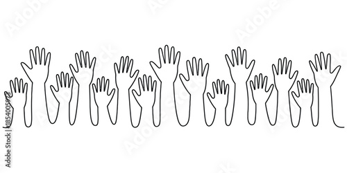 Raised hands line art drawing of diverse group voting or asking question