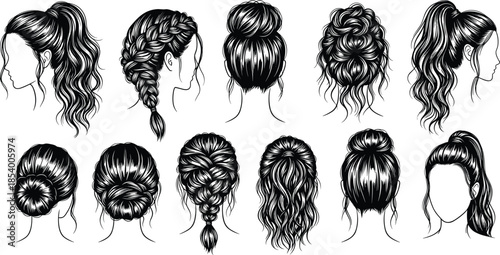 Hand drawn set of various women hairstyles, collection of braids and ponytails, fashion hair sketches isolated on white background, beauty vector illustration
