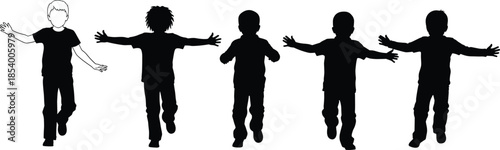 Black silhouettes of happy children running and playing with open arms, childhood joy vector illustration of little boys isolated on white background, SEO.