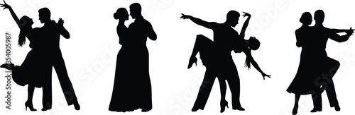 Black silhouettes of happy children running and elegant ballroom dancing couples, set of vector athletes and kids in dynamic action poses on white.