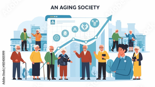 Diverse group of elderly people standing together in front of a growing graph representing an aging society.