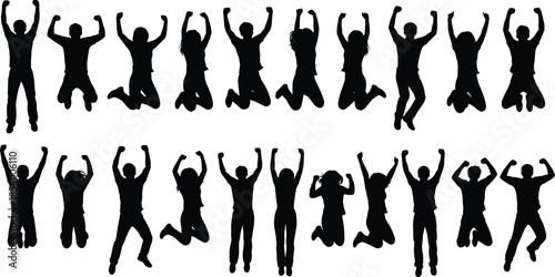 Collection of Professional Business People Silhouettes, Travelers with Luggage, Musical Performances, People in Nature Parks, Fashion Model Poses, and Happy Jumping Groups, Vector Illustration