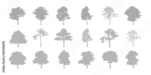 Collection of grayscale silhouettes depicting various tree types and foliage