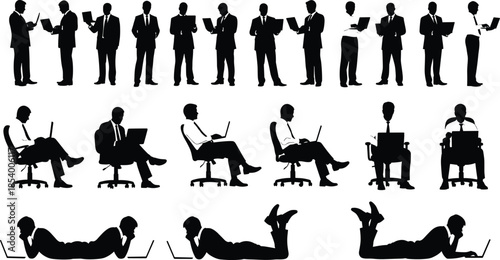 Collection of Professional Business People Silhouette Holding Laptops, Travelers with Luggage, Inclusive Musician in Wheelchair, Park Nature Scenery, 