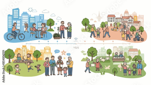 Diverse groups of people enjoying various outdoor activities in urban and park settings.