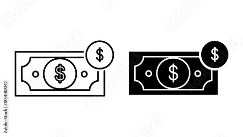 Black and White Money Icons: Outline and Solid Banknote with Dollar Signs