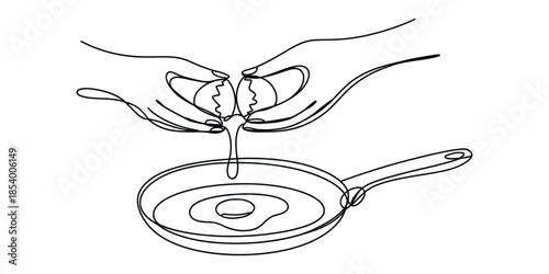 Continuous line drawing of hands cracking an egg into a frying pan
