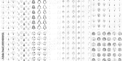An assortment of stylized tree shapes and leaf designs in grayscale