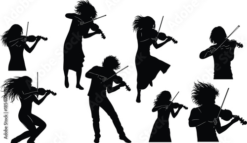 Collection of silhouettes featuring violinists and fiddle players, male and female musicians performing with expressive movements and dynamic poses for classical or modern concerts.