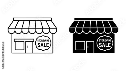 Retail Store Front with Awning and Sale Sign Line and Glyph Icons