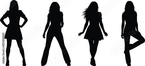 Set of black silhouettes of beautiful women in various poses, fashion models standing in dresses and trousers, elegant female figures isolated on white background