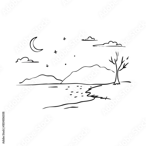 Evening calm sketch shows tranquil landscape with mountains, crescent moon, stars. Graceful contour pencil art illustration captures serene water, solitary tree, clouds.