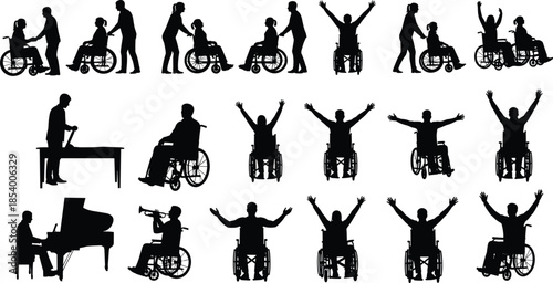 PrintDiverse Silhouette Collection of Business Professionals with Laptops, Inclusive Wheelchair Musicians, Travelers with Luggage, Park Nature Scenes, Happy Jumping Groups, and Fashion Poses