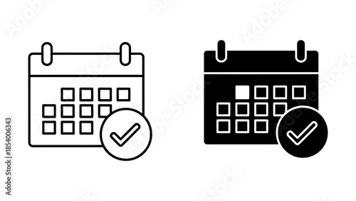 Flat design calendar and checkmark icons, outline and glyph style