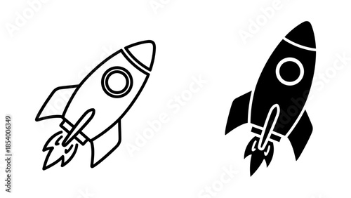Black and White Rocket Icons with Outline and Solid Designs