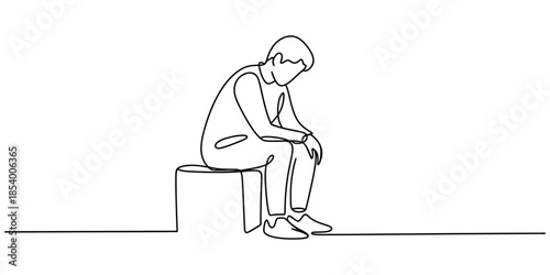 One line drawing of a sad man sitting alone, continuous line art