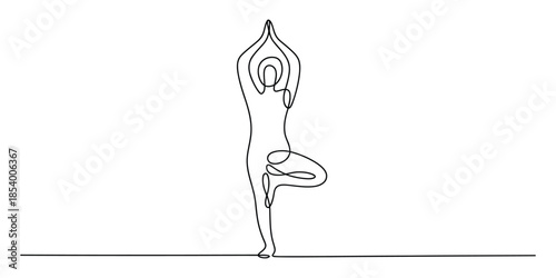 One line drawing of person doing tree pose yoga vrksasana
