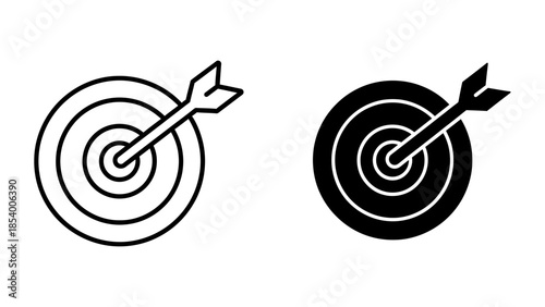 Archery Target Icon with Arrow, Line Art and Silhouette