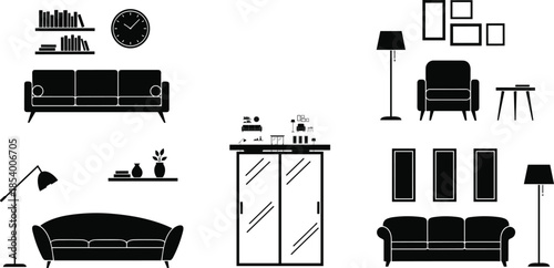 Set of black silhouettes of modern home furniture, living room interior design elements with sofas lamps and shelves, isolated on white background