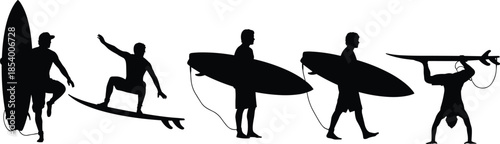  Set of black silhouettes of surfers with surfboards, men surfing on waves and carrying boards, summer water sports isolated on white background