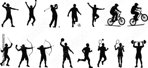 Mega Collection of Silhouette Figures Including Business Professionals with Laptops, Sports Athletes, Inclusive Wheelchair Users, Travelers with Luggage, and People in Nature Park Vector