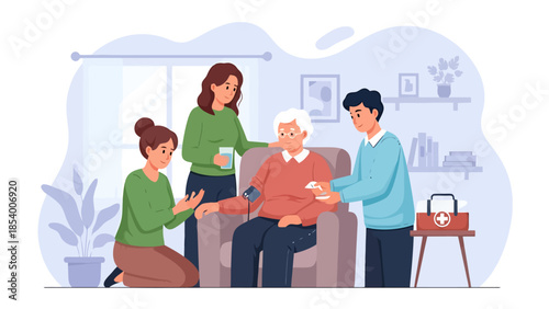 Family members attentively caring for an elderly person at home monitoring vital signs with medical equipment conveying support and assistance