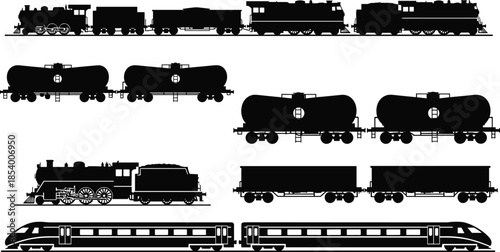 Set of black silhouettes of vintage steam locomotives, modern high speed trains and industrial freight wagons, railway transportation isolated on white background, vector