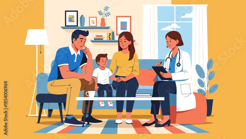 Doctor Consulting Young Family in Living Room Setting for Healthcare Discussion