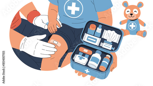 Child Receiving First Aid Care with Medical Kit and Teddy Bear