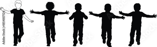 Silhouette children running with open arms, playful kids motion, black and white vector illustration, childhood freedom, active boys outline graphic design