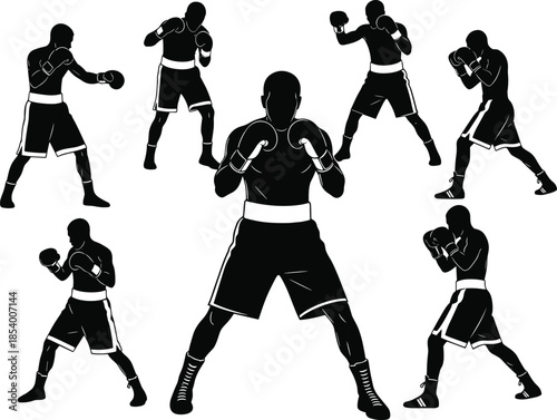 Silhouette collection of boxers practicing various fighting stances, punches, and defensive techniques for sports training, fitness, competition, and martial arts themed vector illustration