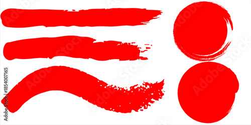 Asian calligraphy brushstroke set. Straight red ink vector lines pack. Bloody color long and round hand-drawn brushstroke text highlights  frames  circles.