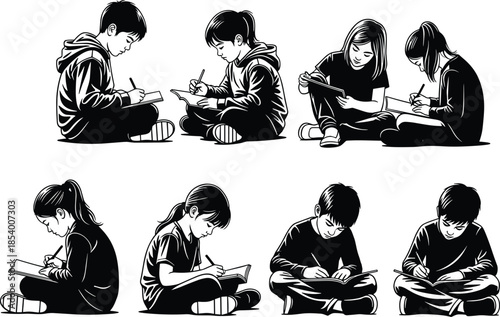 Set of hand drawn sketches of children sitting and writing in notebooks, boys and girls studying, education concept isolated on white background, vector
