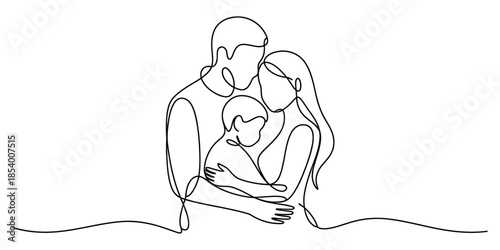 Continuous line drawing of family hugging parents and child