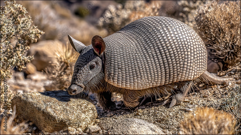 Obraz premium Resilient armadillo foraging in dry dusty earth, showcasing its armored shell and searching snout.