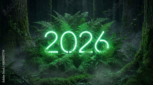 Glowing green neon light displaying 2026 nestled inside lush fern leaves in dark forest with mist creating magical and futuristic atmosphere of sustainability and clean energy